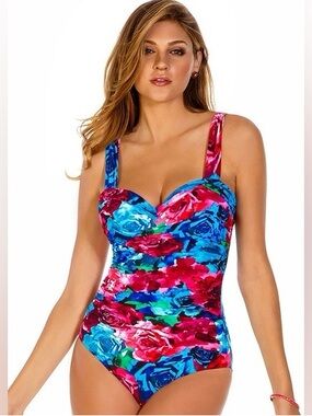 Miraclesuit Aspen Floral Print Tummy Control One Piece Swimsuit Size 18